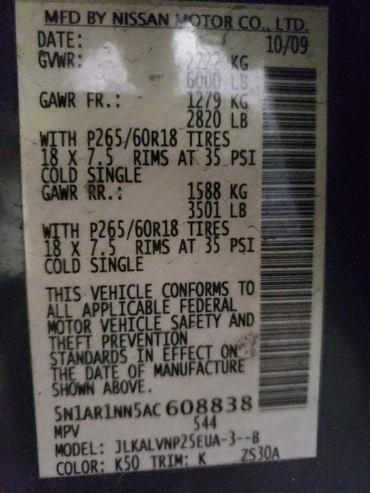 Photo 10 from auction – 2010 NISSAN PATHFINDER with VIN 5N1AR1NN5AC608838