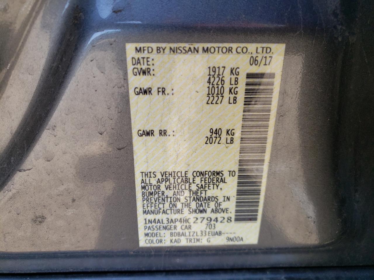 Photo 10 from auction – 2017 NISSAN ALTIMA 2.5 with VIN 1N4AL3AP4HC279428