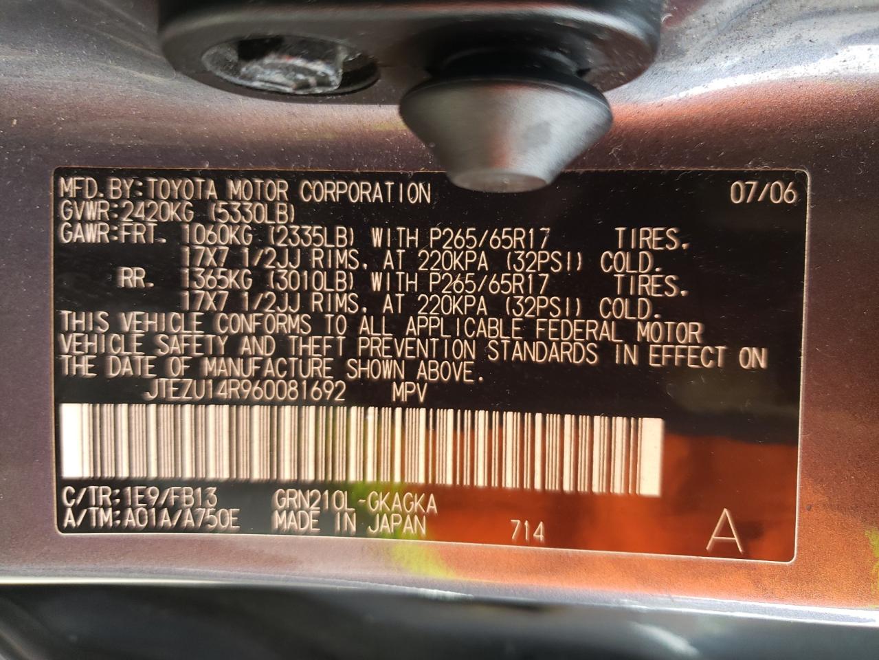Photo 10 from auction – 2006 TOYOTA 4RUNNER SR with VIN JTEZU14R960081692