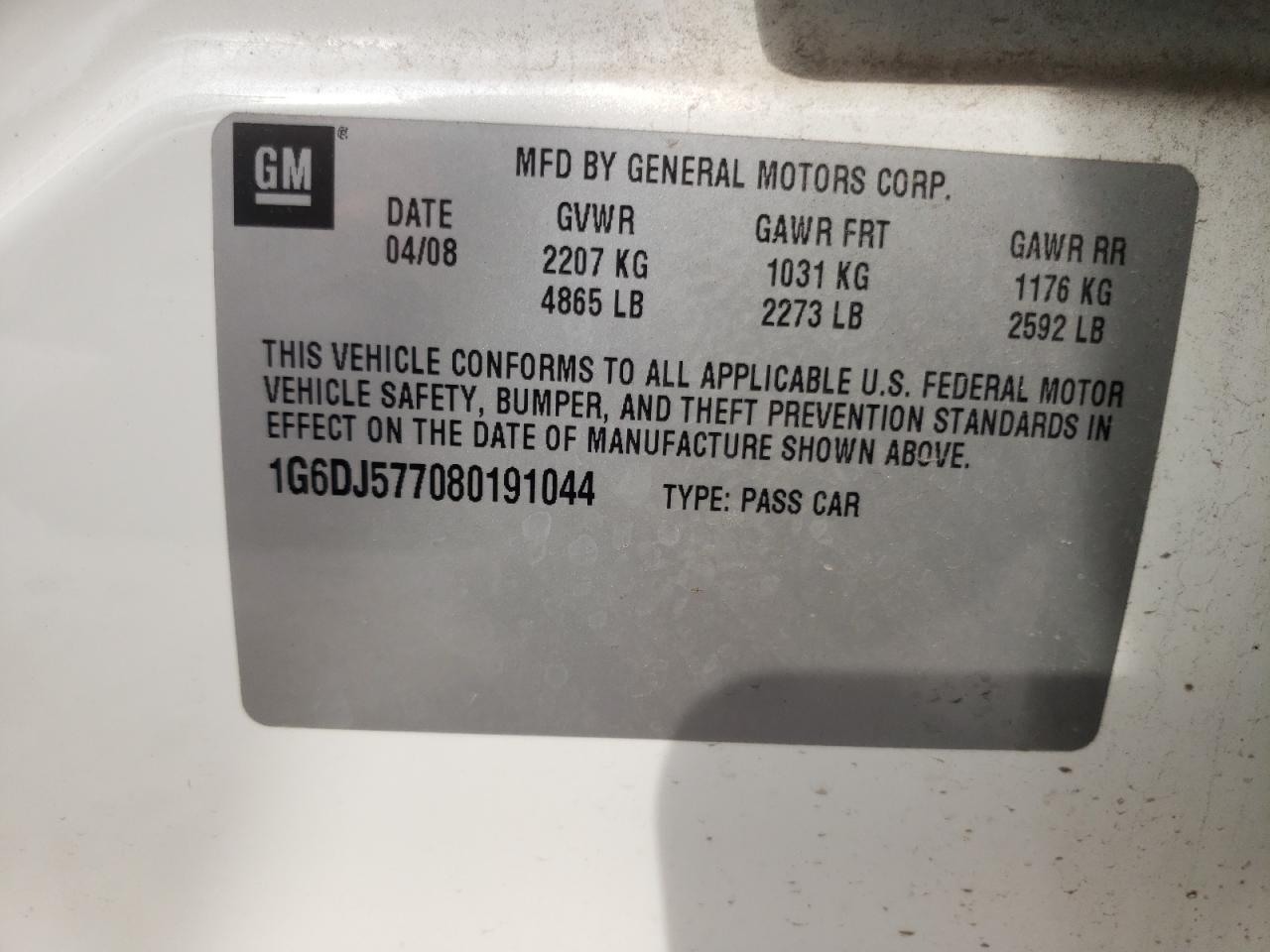 Photo 10 from auction – 2008 CADILLAC CTS with VIN 1G6DJ577080191044