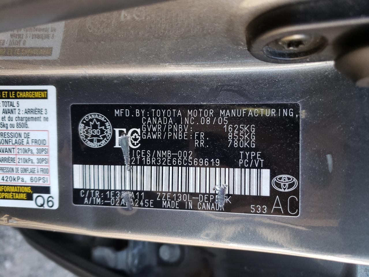 Photo 10 from auction – 2006 TOYOTA COROLLA CE with VIN 2T1BR32E66C569619