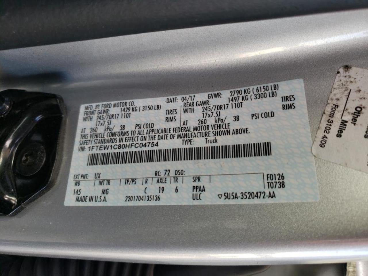 Photo 10 from auction – 2017 FORD F150 SUPER with VIN 1FTEW1C80HFC04754