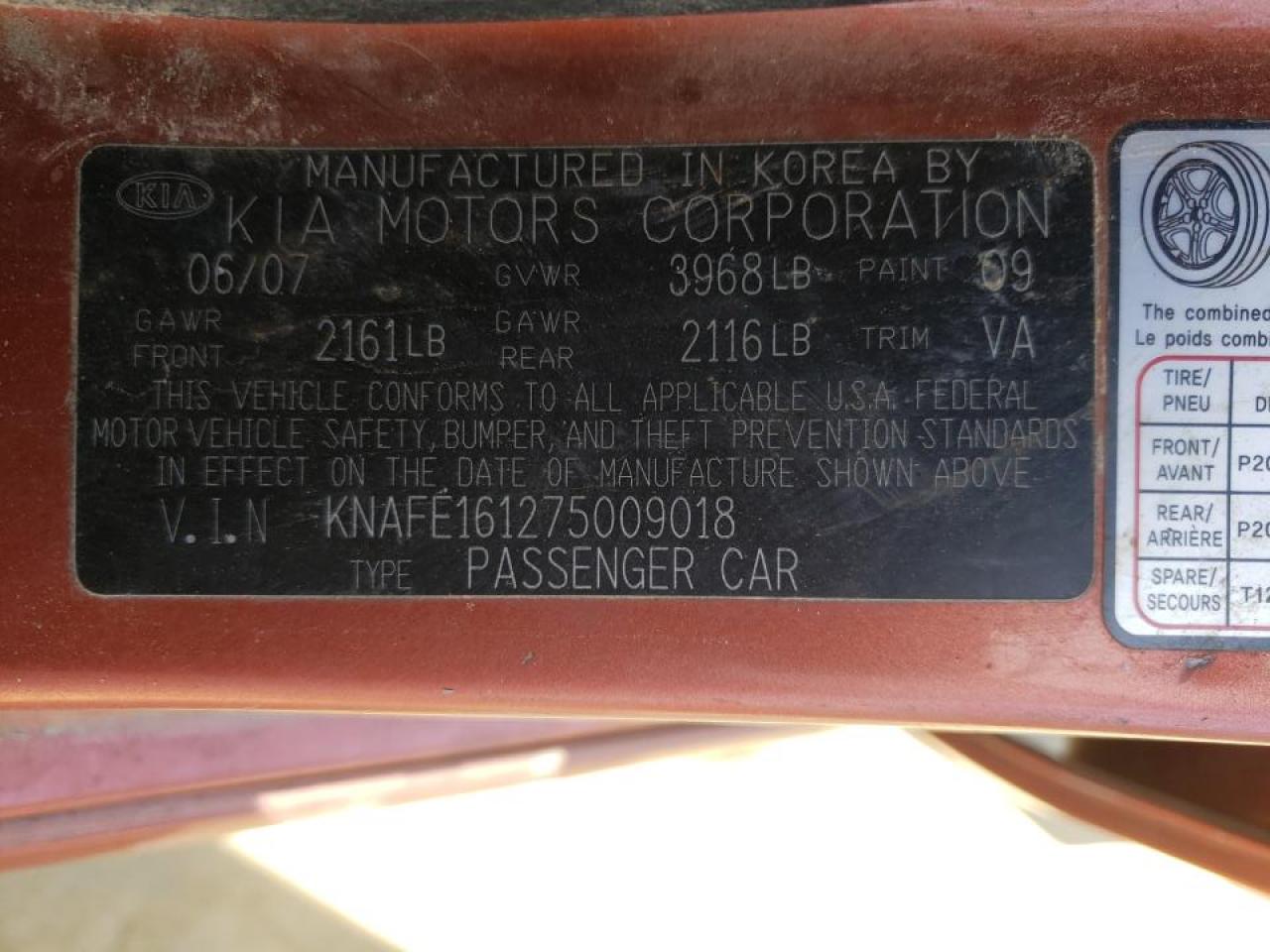 Photo 10 from auction – 2007 KIA SPECTRA5 S with VIN KNAFE161275009018