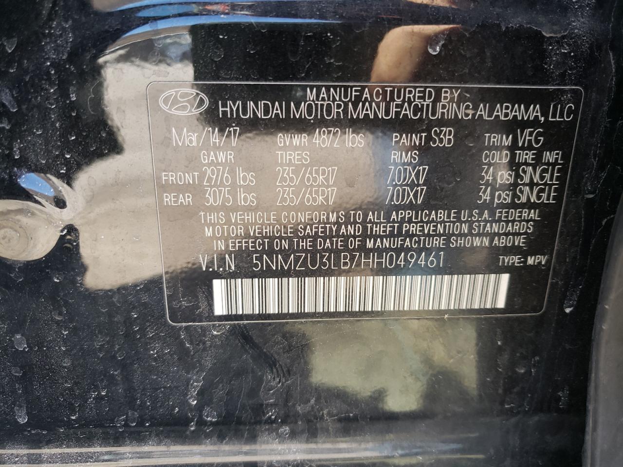 Photo 20 from auction – 2017 HYUNDAI SANTA FE S with VIN 5NMZU3LB7HH049461