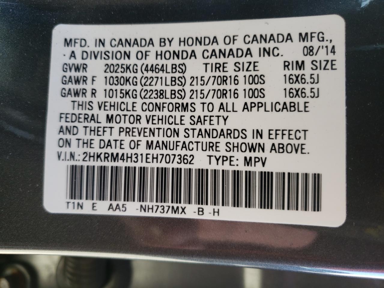 Photo 10 from auction – 2014 HONDA CR-V LX with VIN 2HKRM4H31EH707362