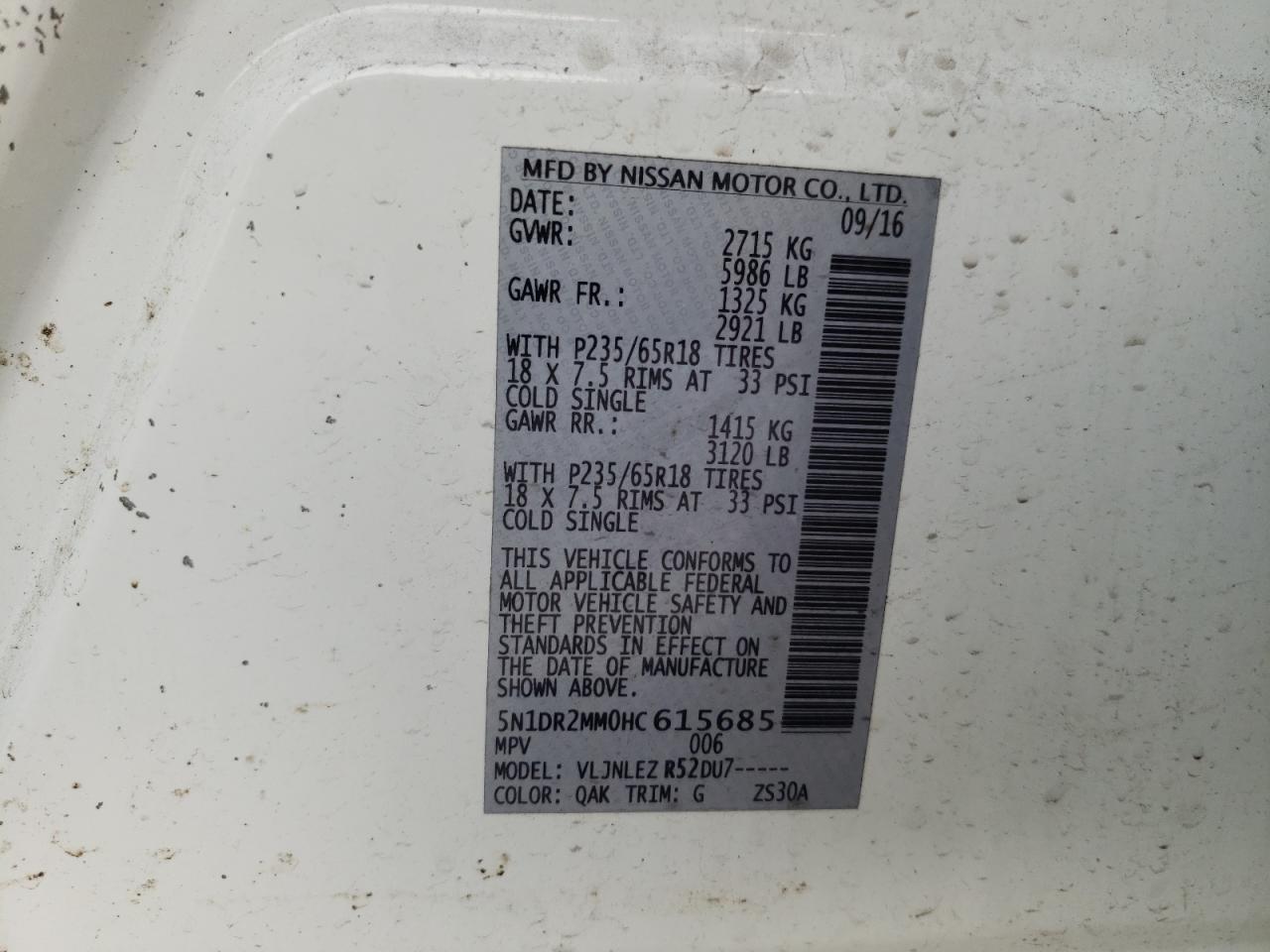 Photo 10 from auction – 2017 NISSAN PATHFINDER with VIN 5N1DR2MM0HC615685