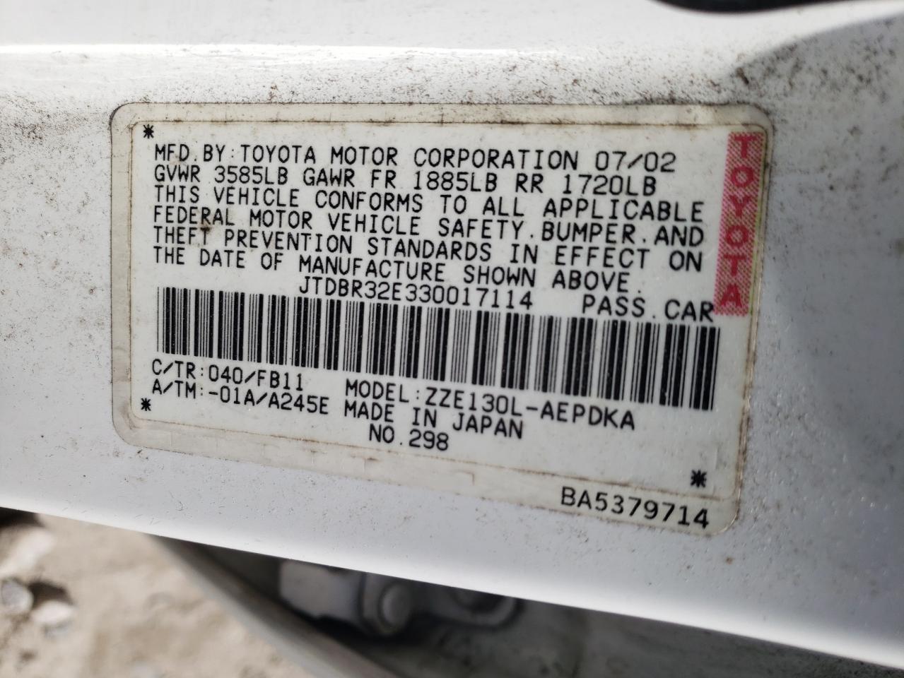 Photo 10 from auction – 2003 TOYOTA COROLLA CE with VIN JTDBR32E330017114