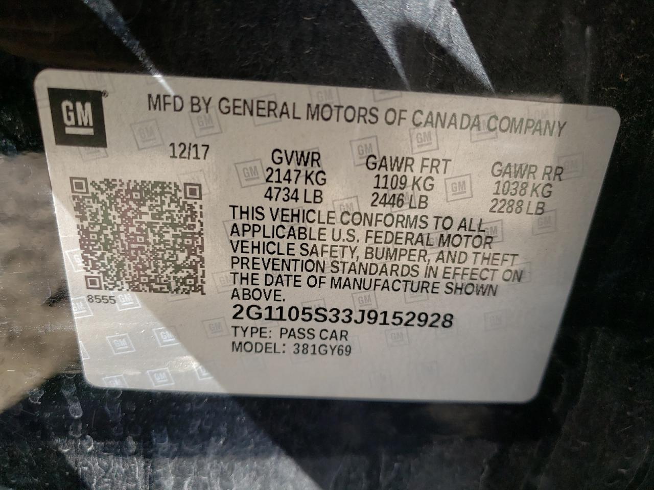 Photo 10 from auction – 2018 CHEVROLET IMPALA LT with VIN 2G1105S33J9152928