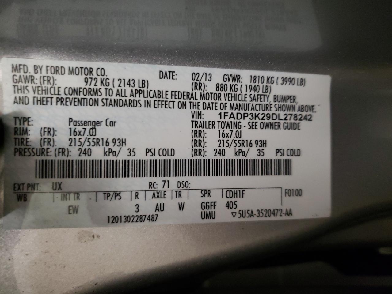 Photo 10 from auction – 2013 FORD FOCUS SE with VIN 1FADP3K29DL278242