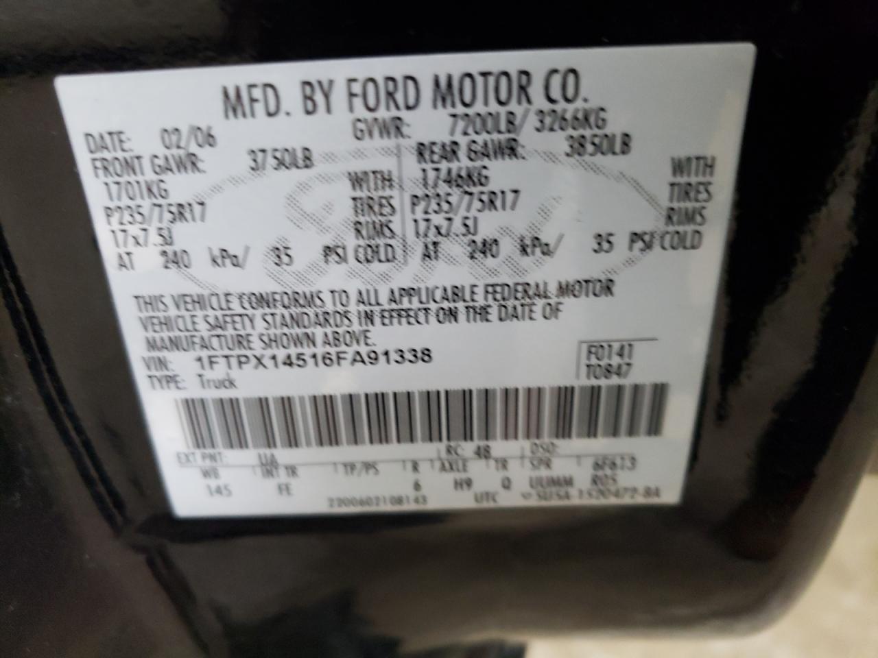 Photo 10 from auction – 2006 FORD F150 with VIN 1FTPX14516FA91338