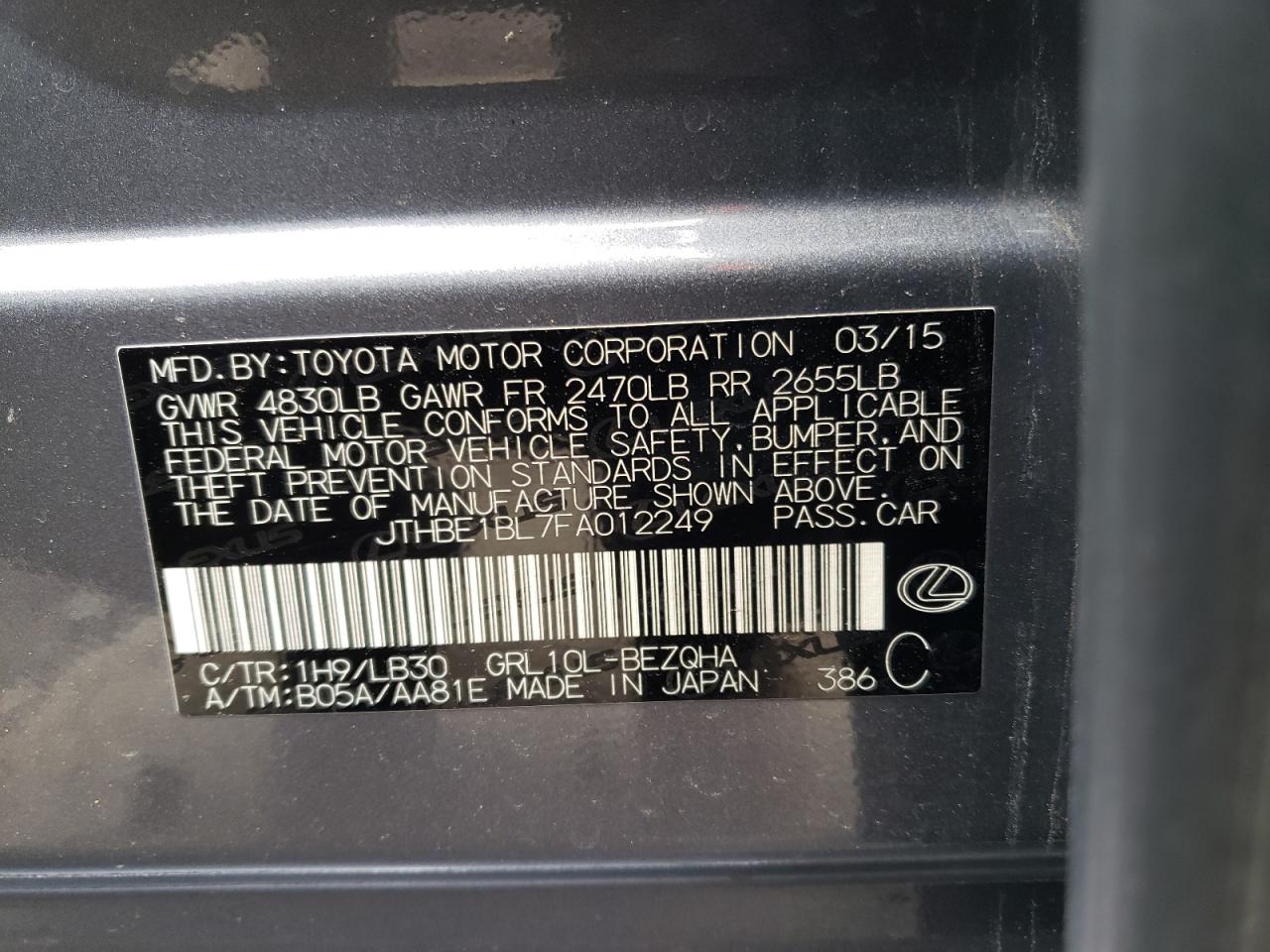 Photo 10 from auction – 2015 LEXUS GS 350 with VIN JTHBE1BL7FA012249