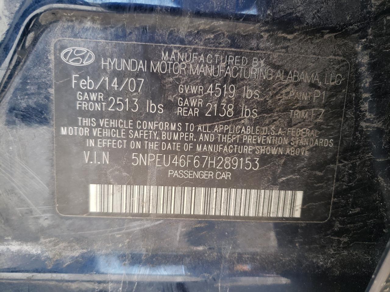 Photo 10 from auction – 2007 HYUNDAI SONATA with VIN 5NPEU46F67H289153