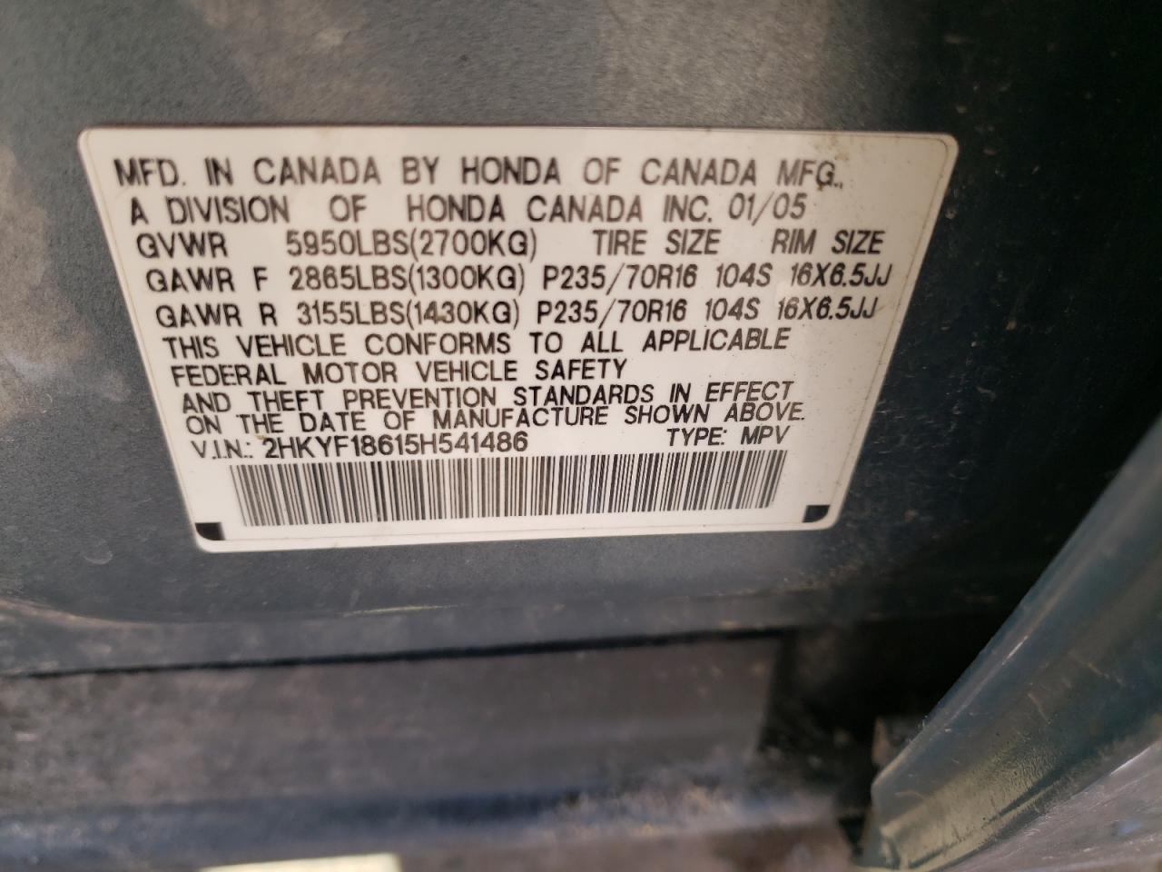 Photo 10 from auction – 2005 HONDA PILOT EXL with VIN 2HKYF18615H541486