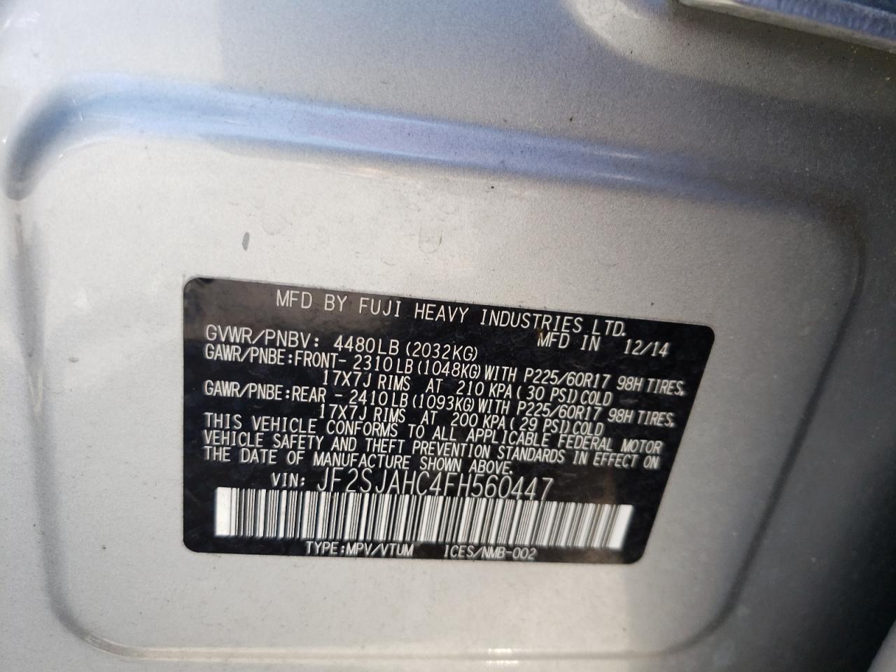 Photo 10 from auction – 2015 SUBARU FORESTER 2 with VIN JF2SJAHC4FH560447