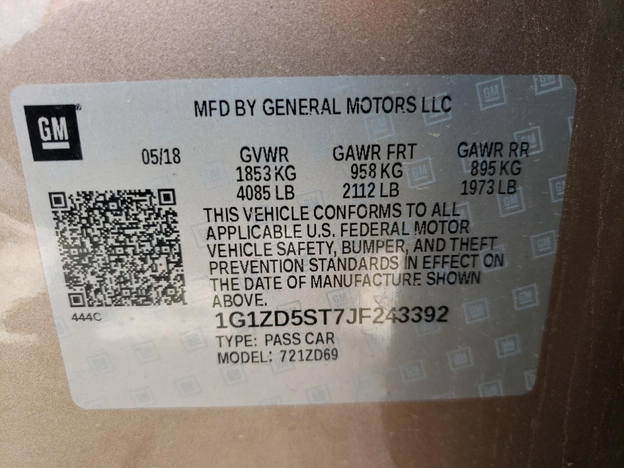 Photo 10 from auction – 2018 CHEVROLET MALIBU LT with VIN 1G1ZD5ST7JF243392