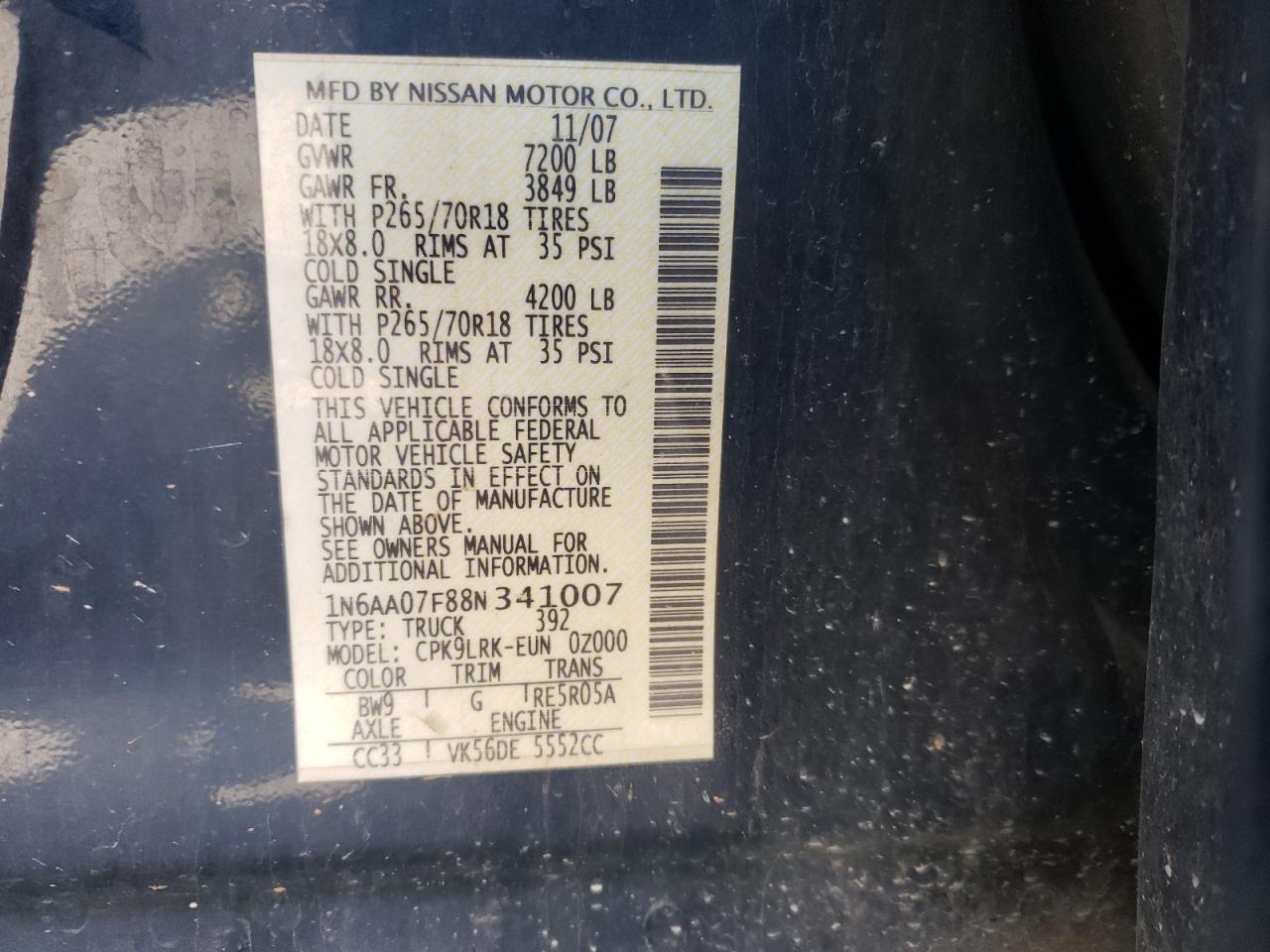 Photo 10 from auction – 2008 NISSAN TITAN XE with VIN 1N6AA07F88N341007