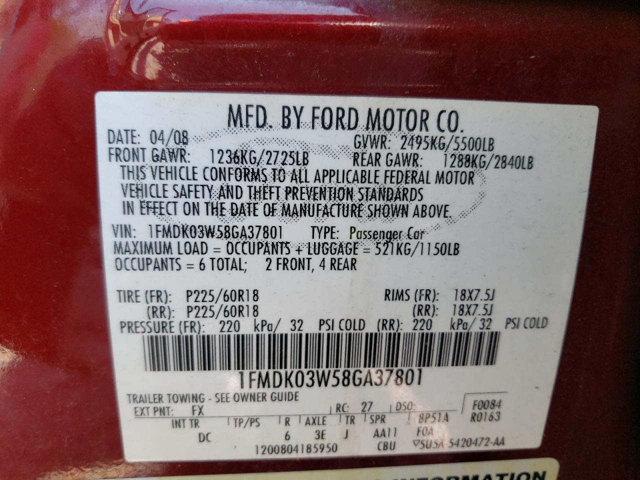 Photo 10 from auction – 2008 FORD TAURUS X L with VIN 1FMDK03W58GA37801