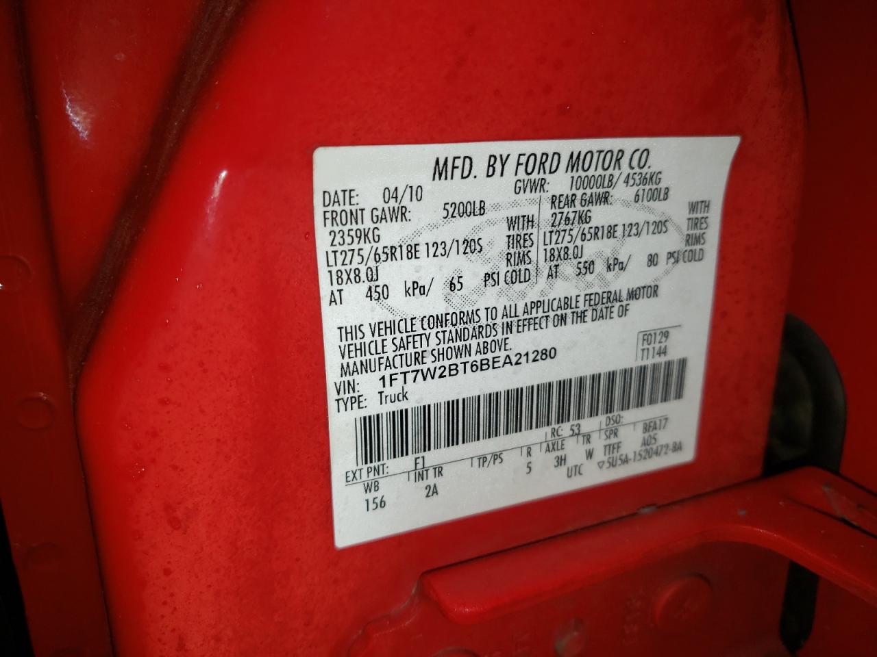 Photo 10 from auction – 2011 FORD F250 SUPER with VIN 1FT7W2BT6BEA21280