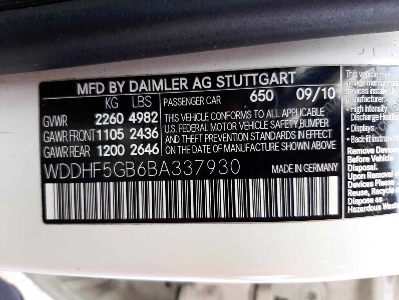 Photo 10 from auction – 2011 MERCEDES-BENZ E 350 with VIN WDDHF5GB6BA337930