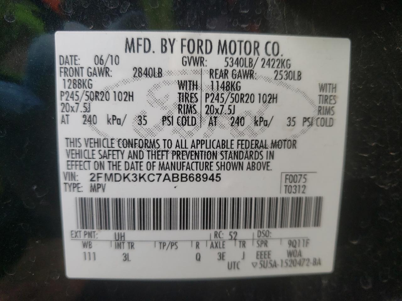 Photo 10 from auction – 2010 FORD EDGE LIMIT with VIN 2FMDK3KC7ABB68945