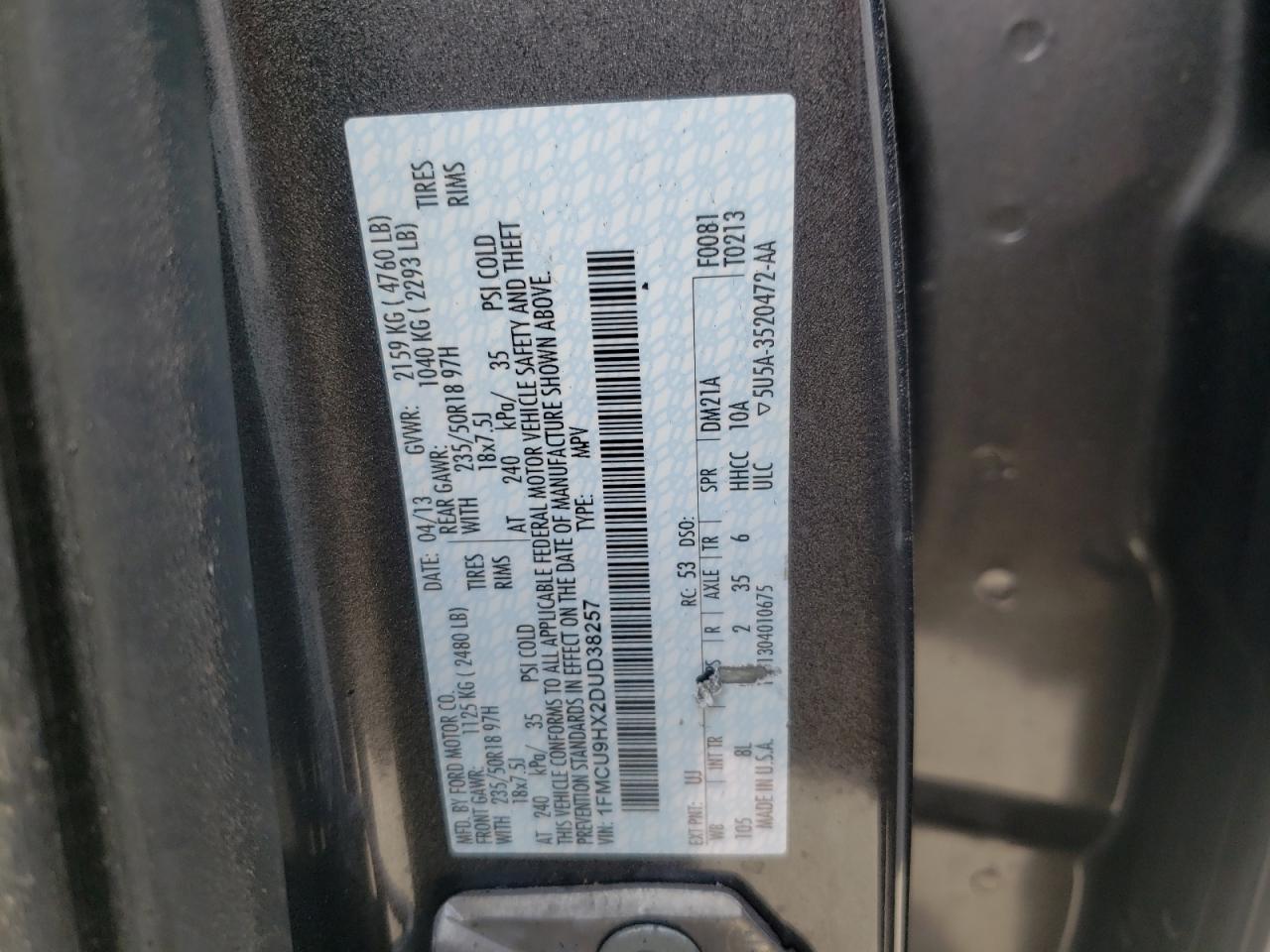 Photo 10 from auction – 2013 FORD ESCAPE SEL with VIN 1FMCU9HX2DUD38257