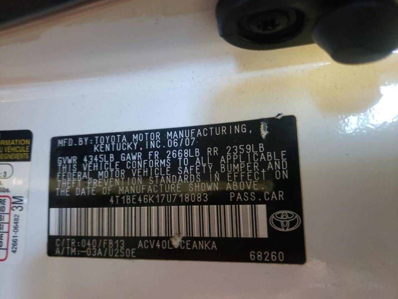 Photo 10 from auction – 2007 TOYOTA CAMRY CE with VIN 4T1BE46K17U718083