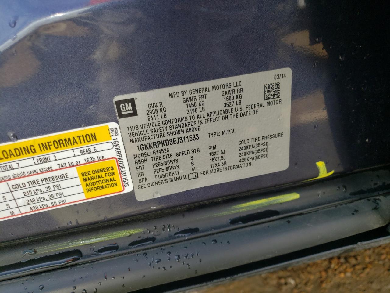 Photo 10 from auction – 2014 GMC ACADIA SLE with VIN 1GKKRPKD3EJ311533