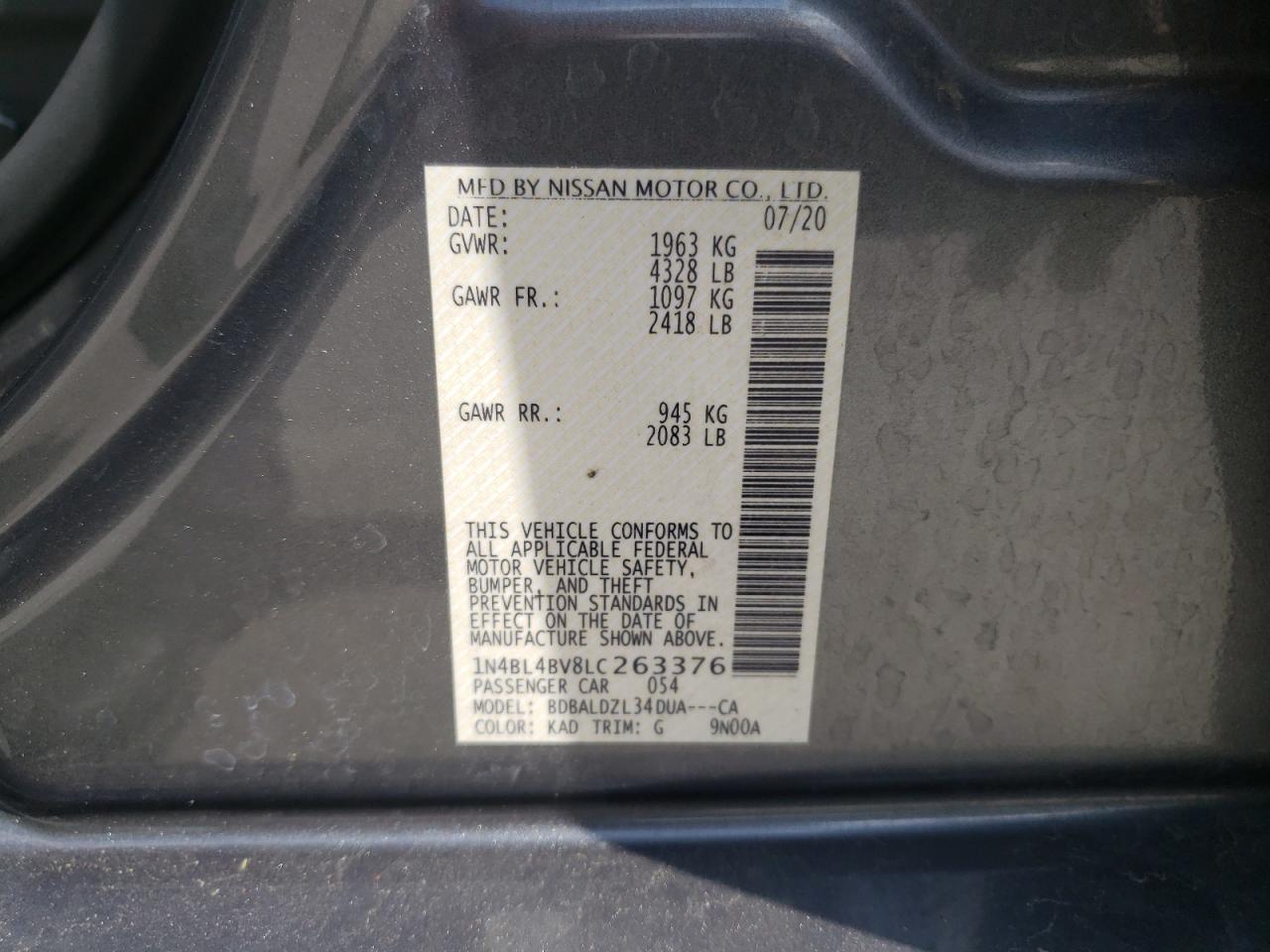 Photo 10 from auction – 2020 NISSAN ALTIMA S with VIN 1N4BL4BV8LC263376