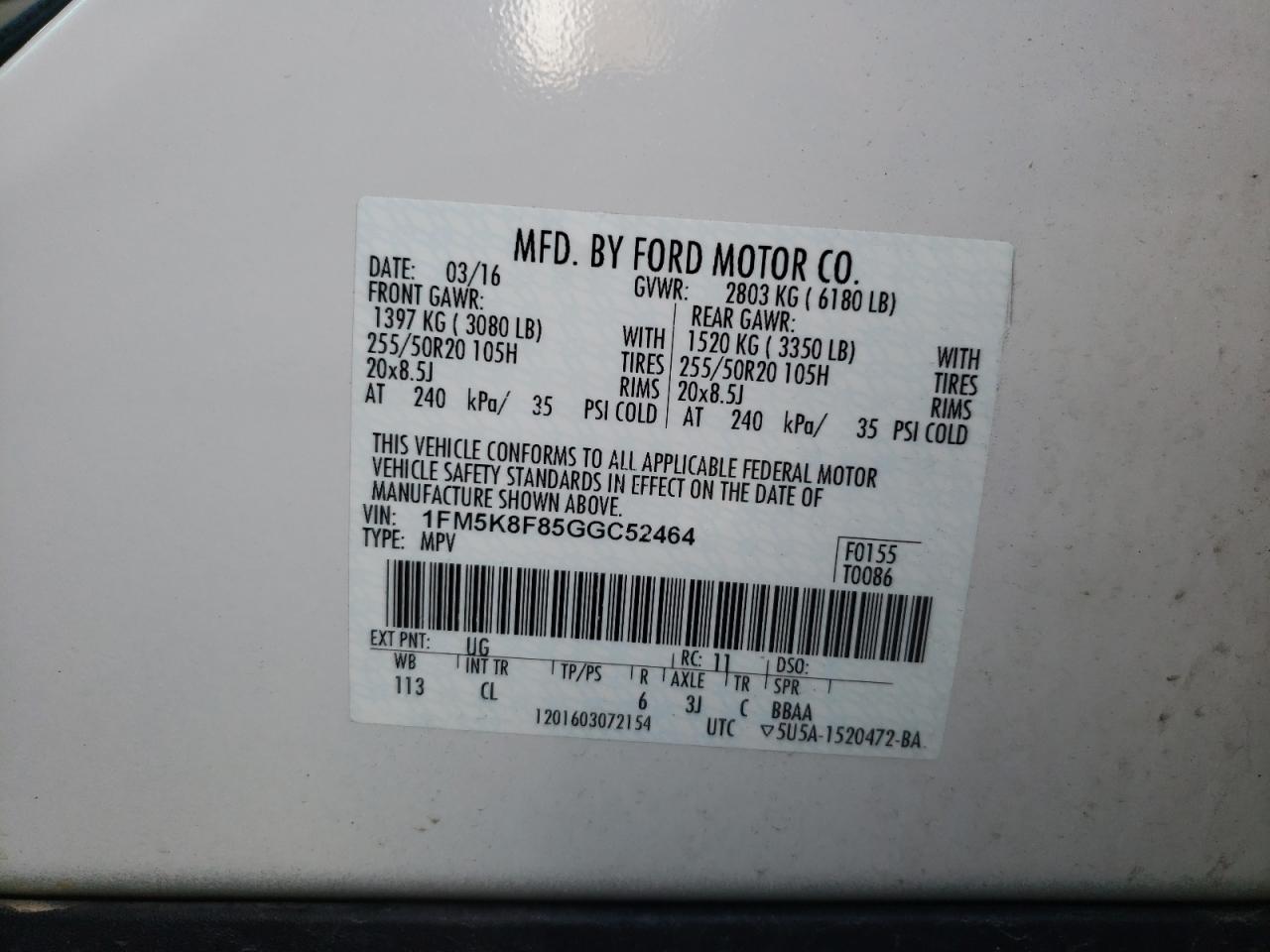 Photo 20 from auction – 2016 FORD EXPLORER L with VIN 1FM5K8F85GGC52464