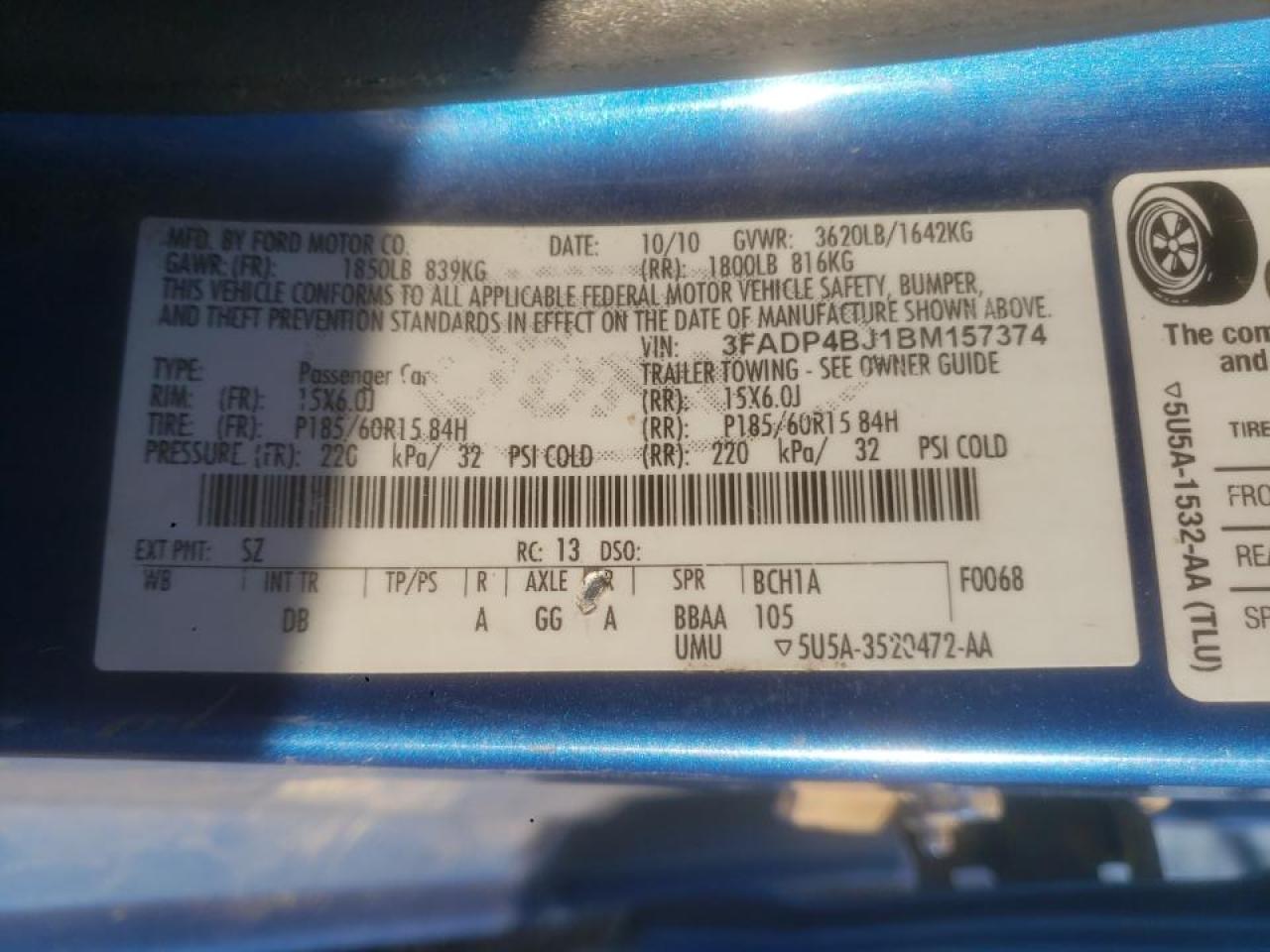 Photo 10 from auction – 2011 FORD FIESTA SE with VIN 3FADP4BJ1BM157374