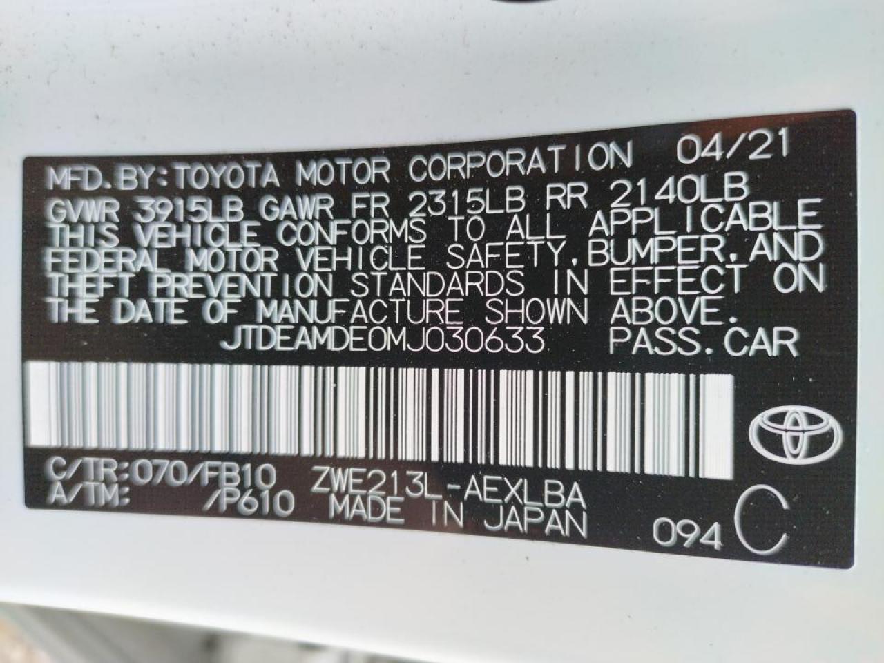 Photo 10 from auction – 2021 TOYOTA COROLLA LE with VIN JTDEAMDE0MJ030633