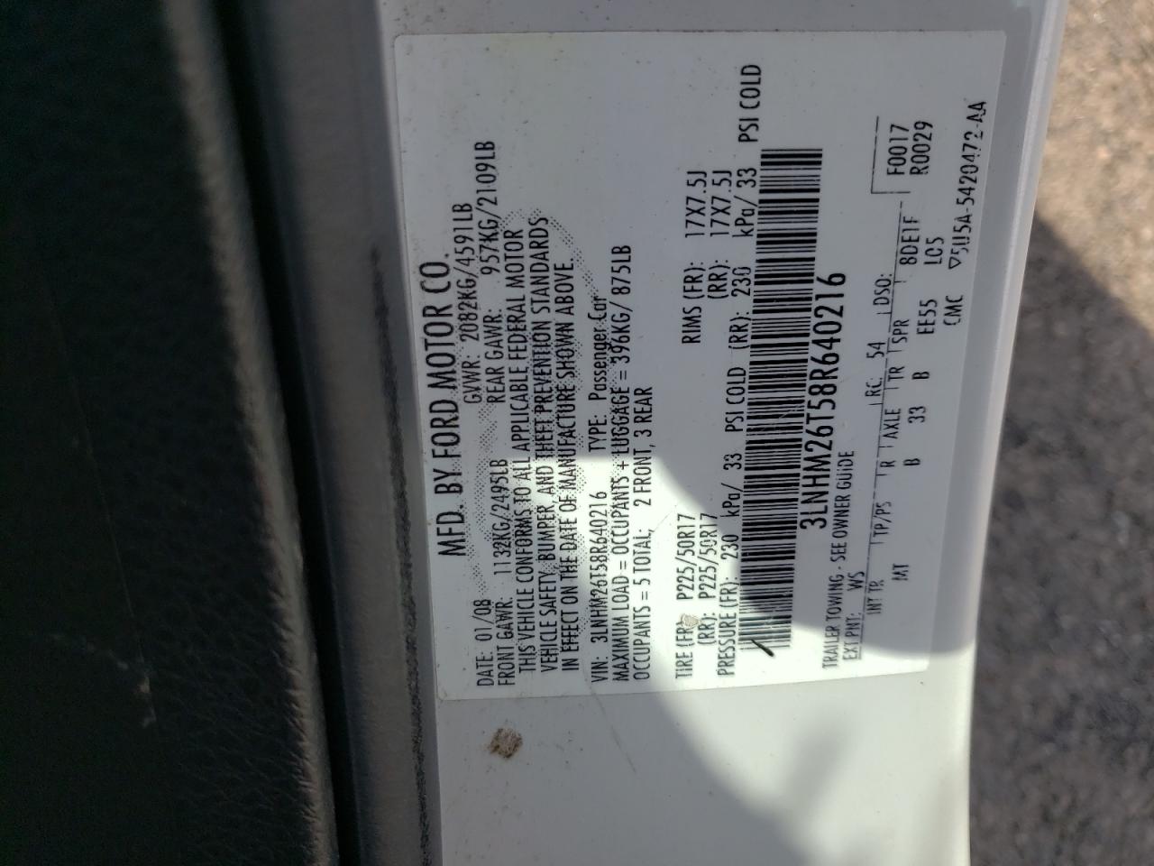 Photo 10 from auction – 2008 LINCOLN MKZ with VIN 3LNHM26T58R640216