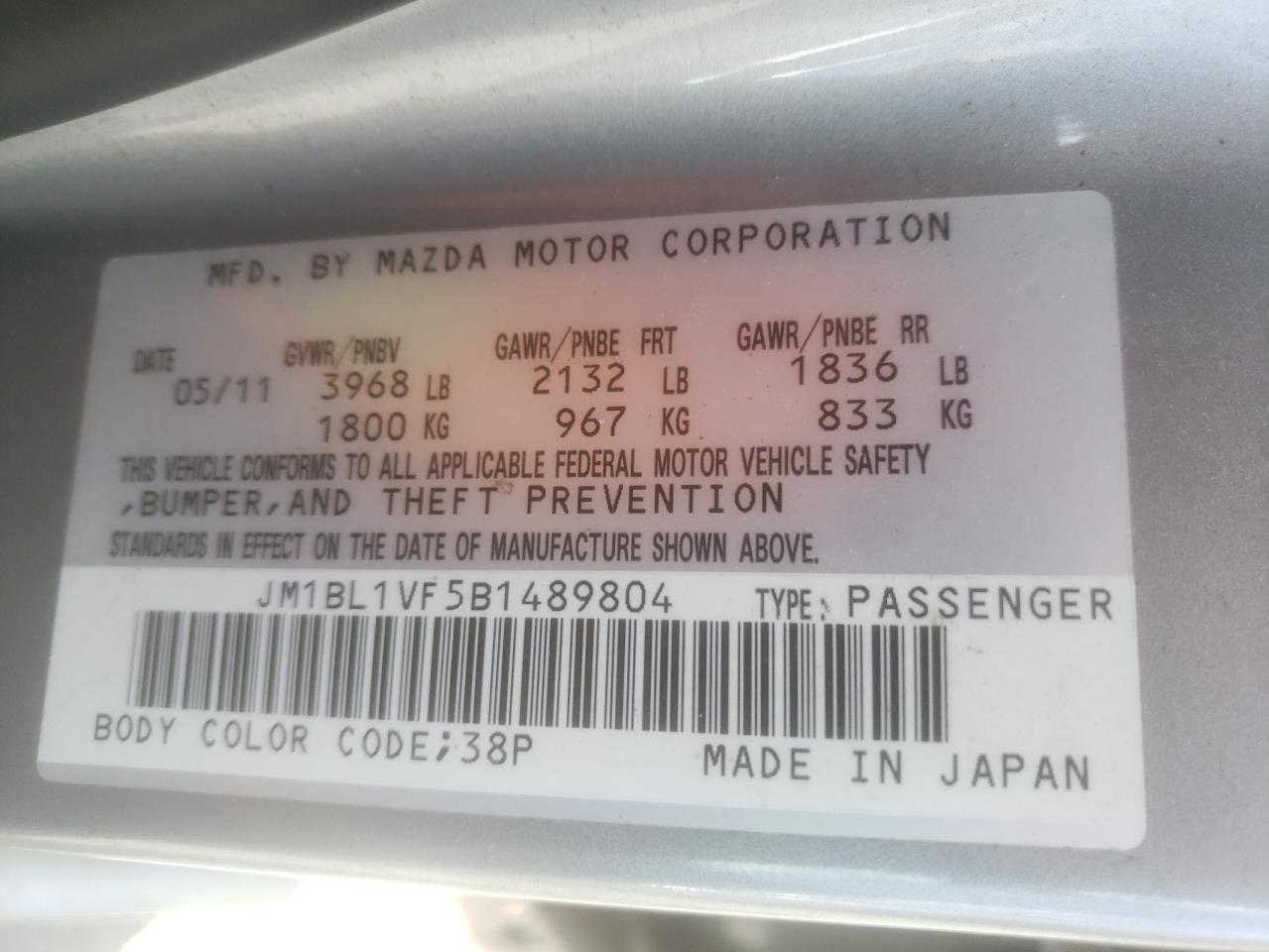 Photo 10 from auction – 2011 MAZDA 3 I with VIN JM1BL1VF5B1489804
