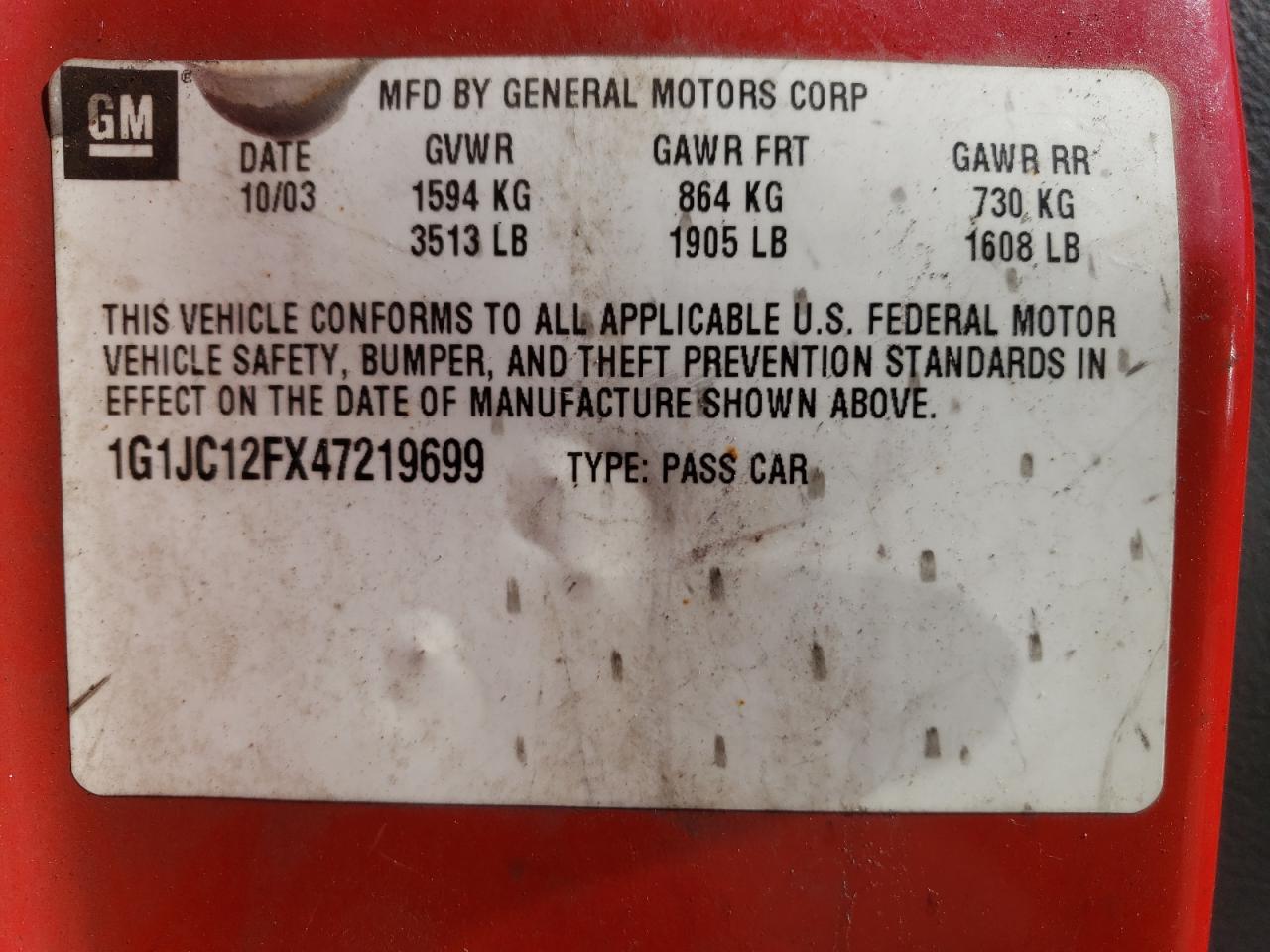 Photo 10 from auction – 2004 CHEVROLET CAVALIER with VIN 1G1JC12FX47219699