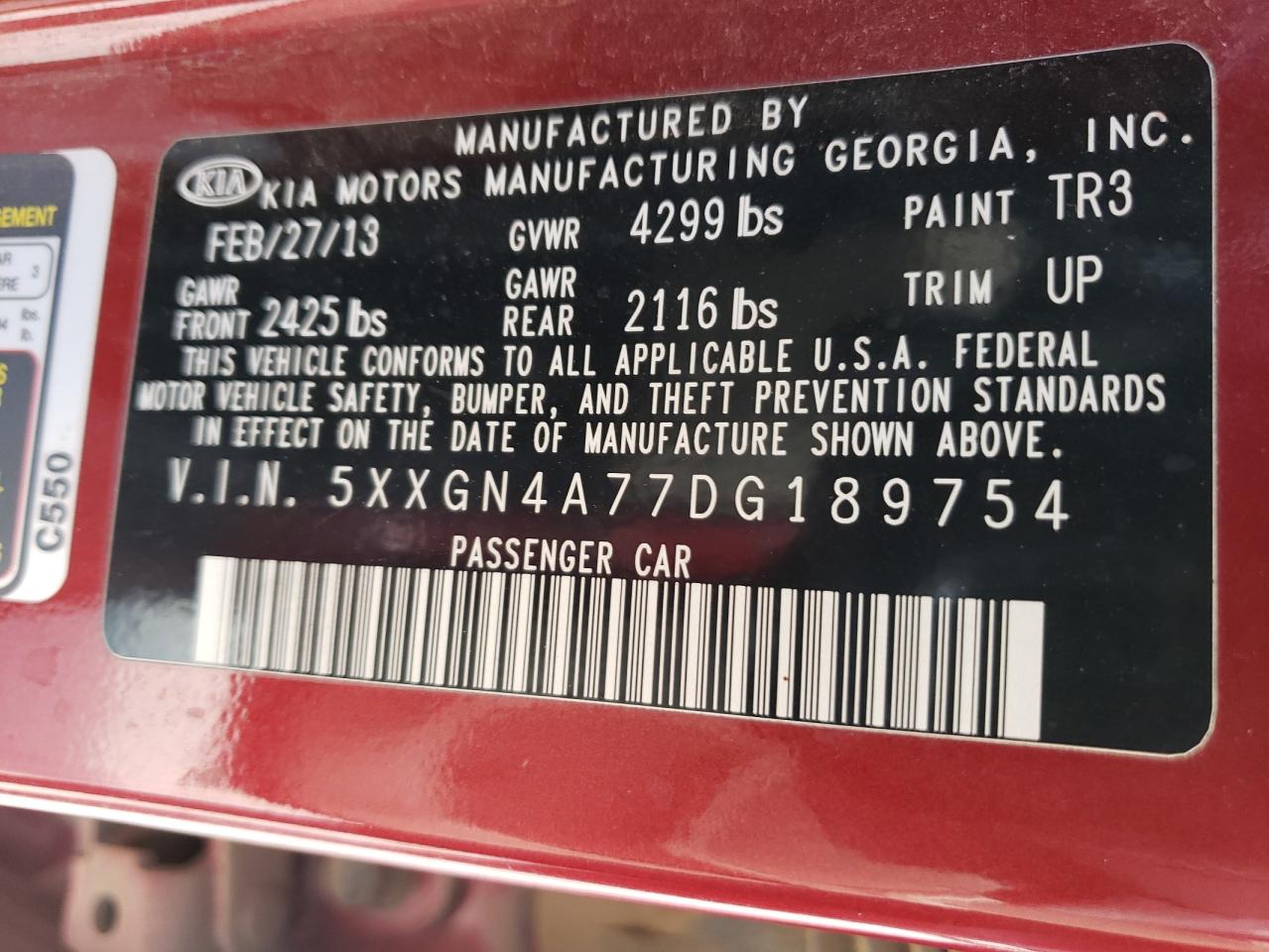Photo 10 from auction – 2013 KIA OPTIMA EX with VIN 5XXGN4A77DG189754