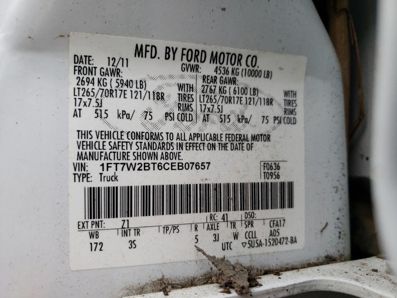 Photo 10 from auction – 2012 FORD F250 SUPER with VIN 1FT7W2BT6CEB07657