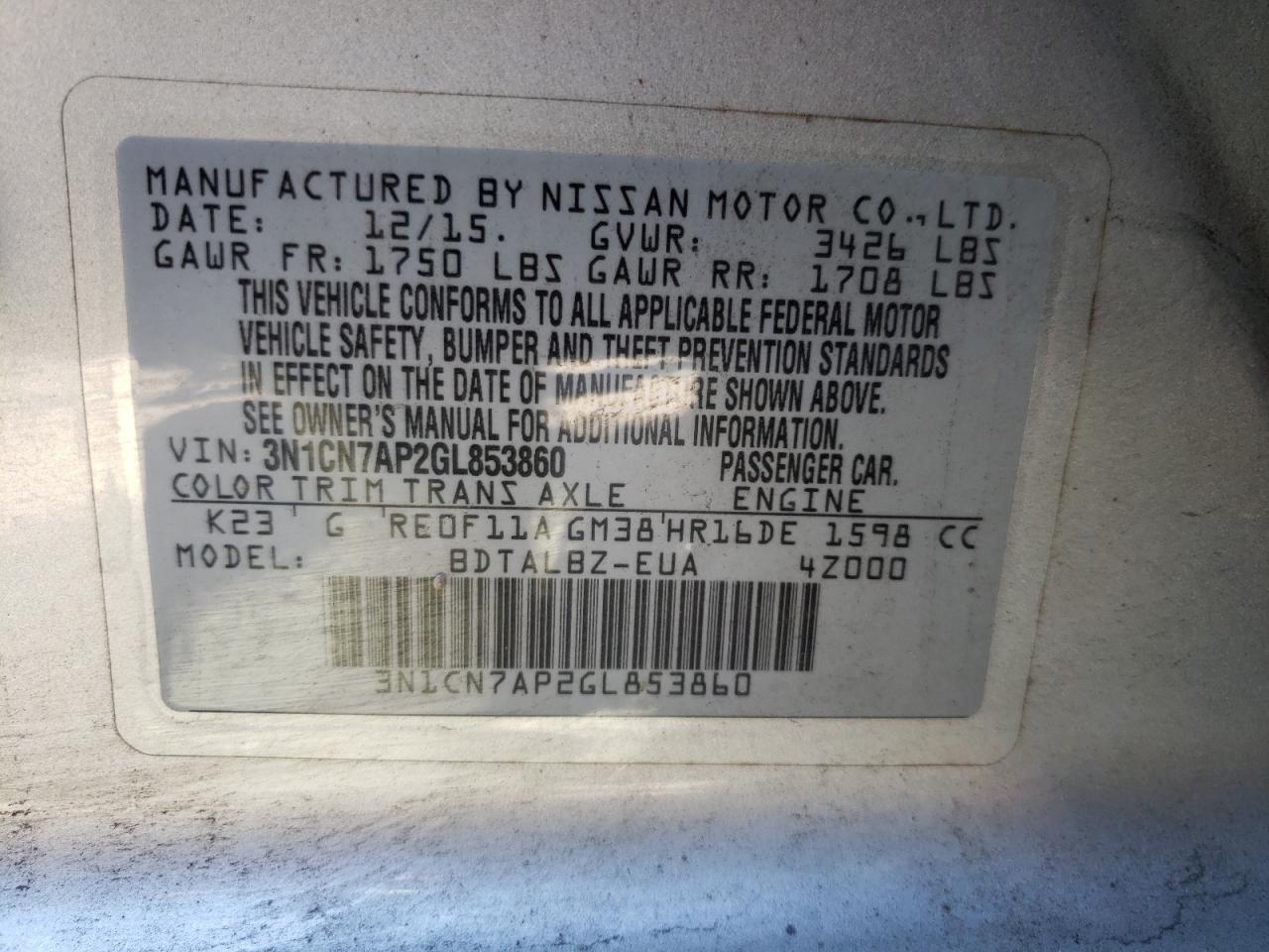 Photo 10 from auction – 2016 NISSAN VERSA S with VIN 3N1CN7AP2GL853860