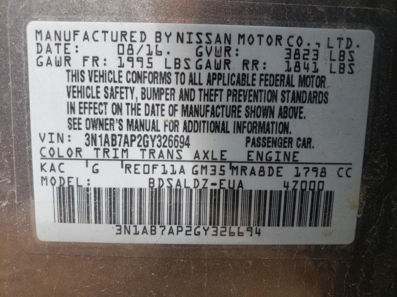 Photo 10 from auction – 2016 NISSAN SENTRA S with VIN 3N1AB7AP2GY326694