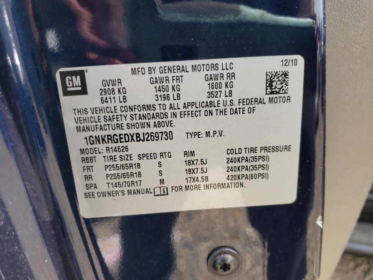 Photo 10 from auction – 2011 CHEVROLET TRAVERSE L with VIN 1GNKRGEDXBJ269730