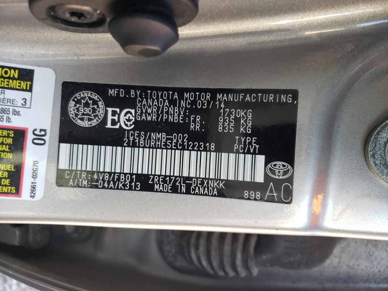 Photo 10 from auction – 2014 TOYOTA COROLLA L with VIN 2T1BURHE5EC122318