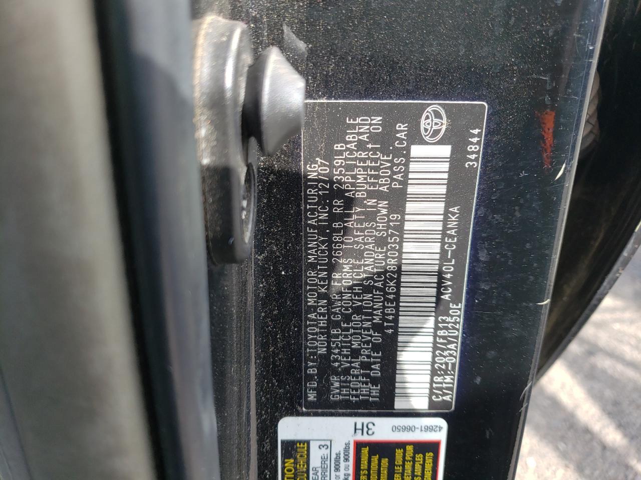 Photo 10 from auction – 2008 TOYOTA CAMRY CE with VIN 4T4BE46K28R035719