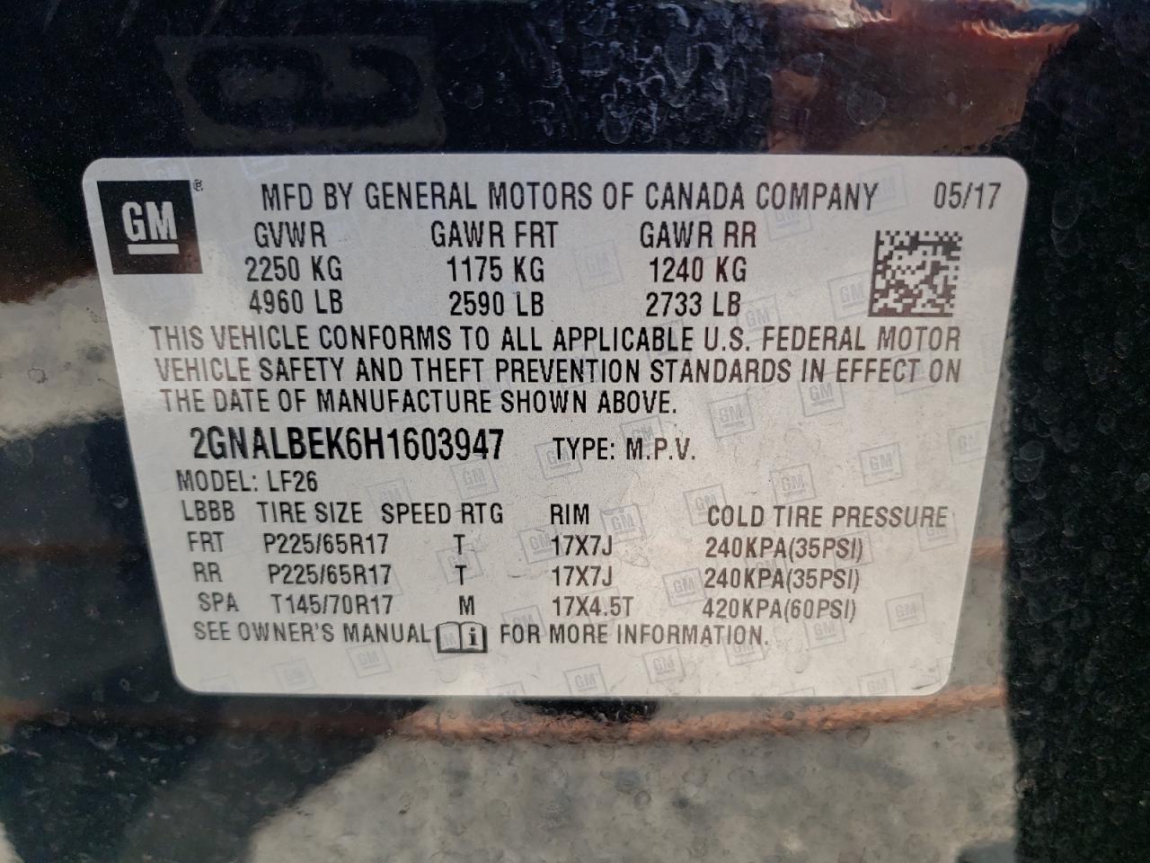 Photo 10 from auction – 2017 CHEVROLET EQUINOX with VIN 2GNALBEK6H1603947