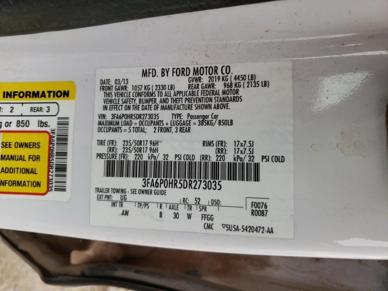 Photo 10 from auction – 2013 FORD FUSION SE with VIN 3FA6P0HR5DR273035