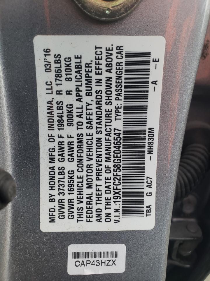 Photo 10 from auction – 2016 HONDA CIVIC LX with VIN 19XFC2F58GE046547