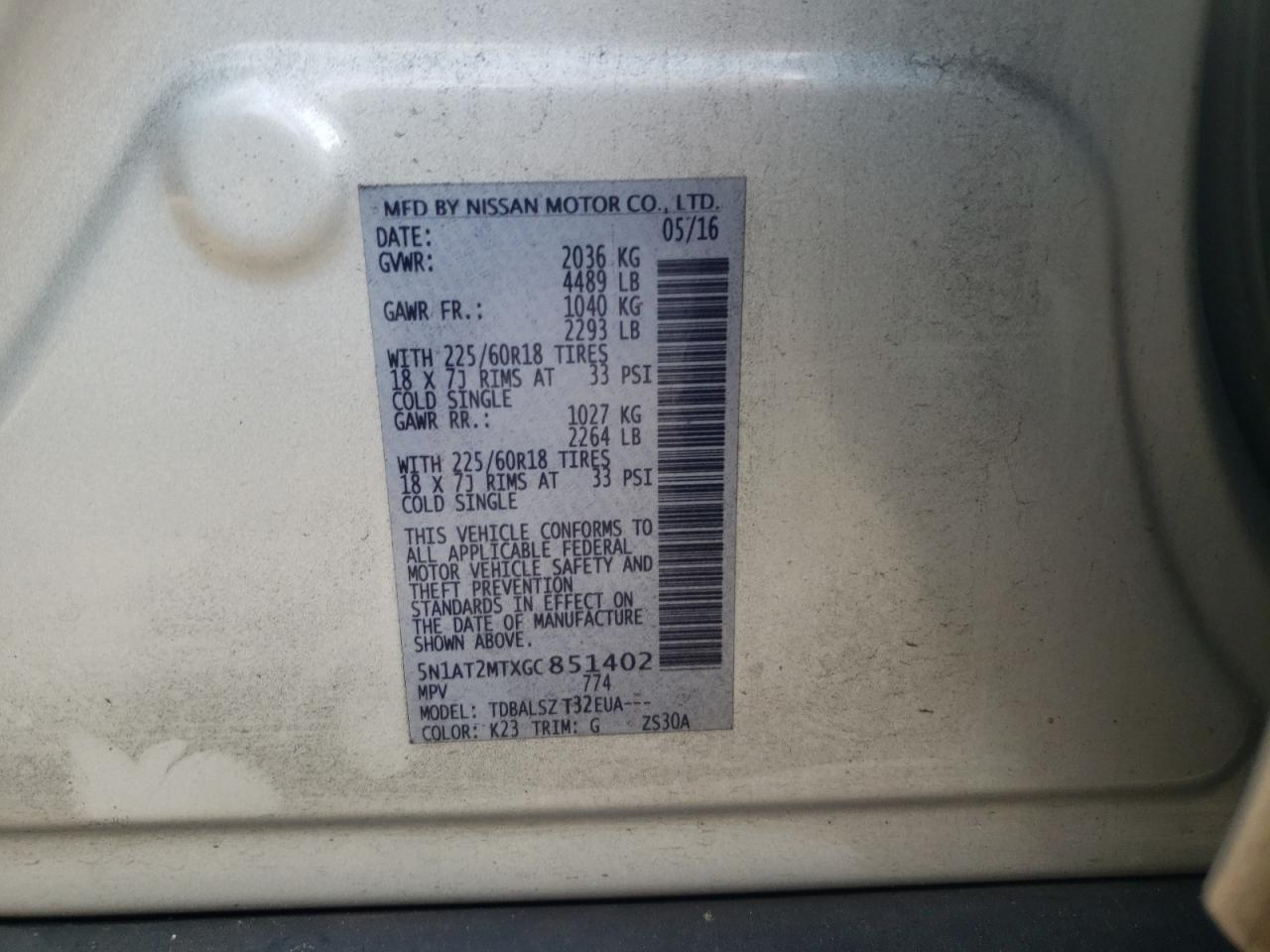 Photo 10 from auction – 2016 NISSAN ROGUE S with VIN 5N1AT2MTXGC851402