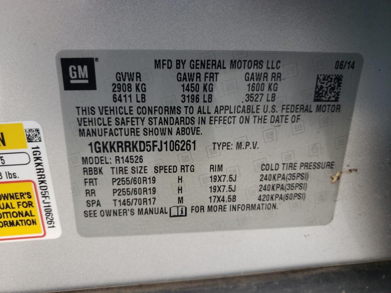 Photo 10 from auction – 2015 GMC ACADIA SLT with VIN 1GKKRRKD5FJ106261