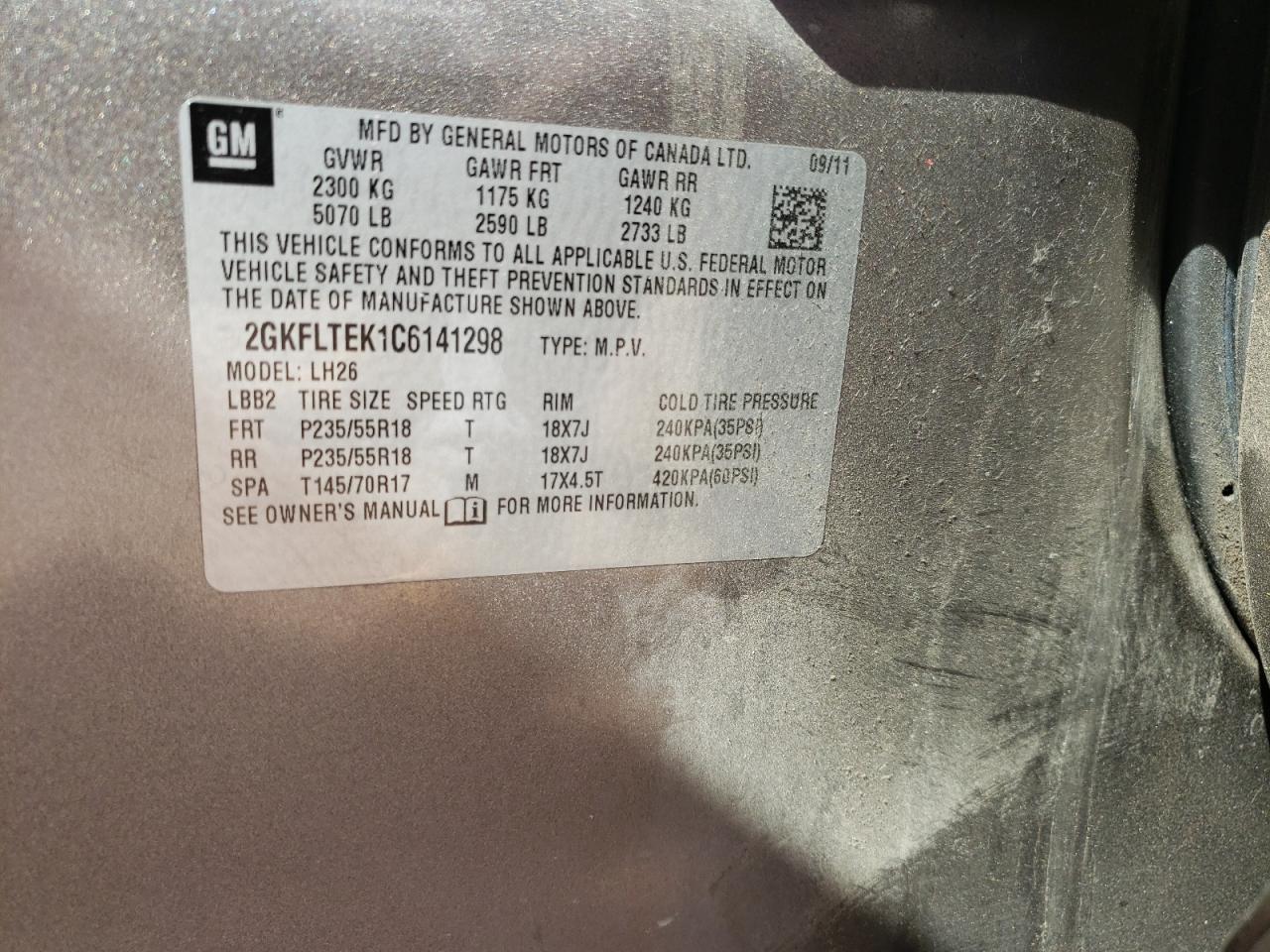 Photo 10 from auction – 2012 GMC TERRAIN SL with VIN 2GKFLTEK1C6141298