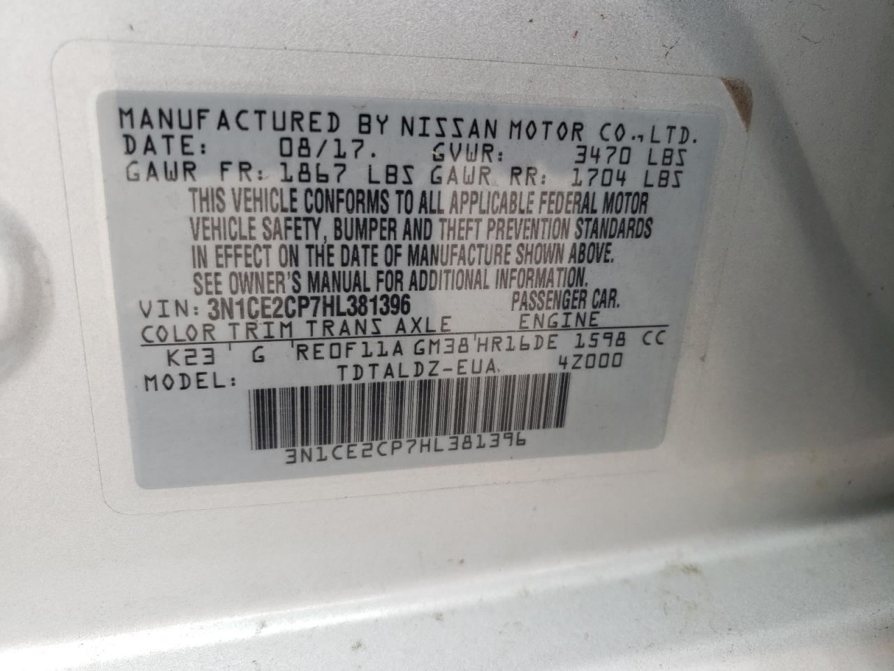 Photo 10 from auction – 2017 NISSAN VERSA NOTE with VIN 3N1CE2CP7HL381396