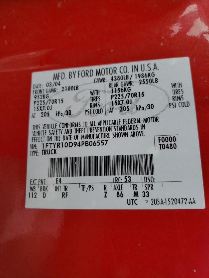 Photo 10 from auction – 2004 FORD RANGER with VIN 1FTYR10D94PB06557