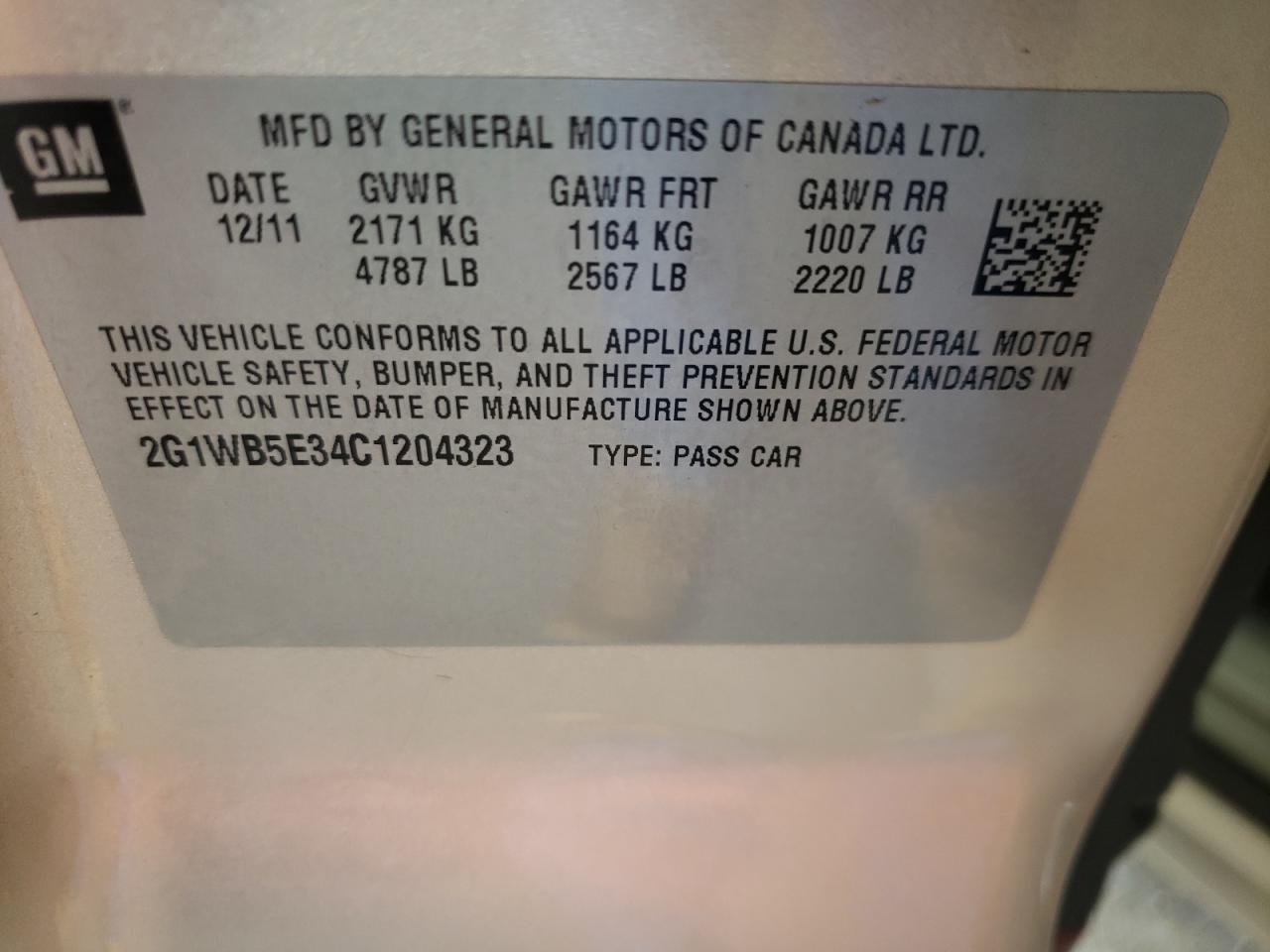 Photo 10 from auction – 2012 CHEVROLET IMPALA LT with VIN 2G1WB5E34C1204323